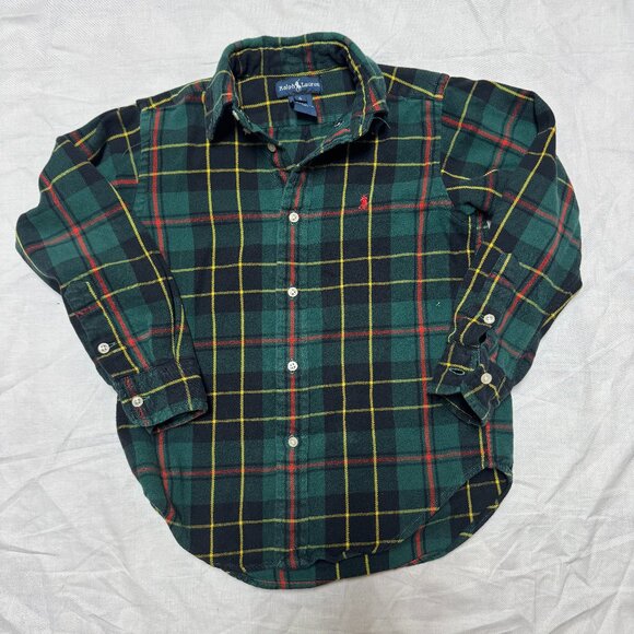 Vintage Kids Ralph Lauren Polo Green Plaid Flannel Button-Down Shirt, Size 6 - Picture 1 of 4